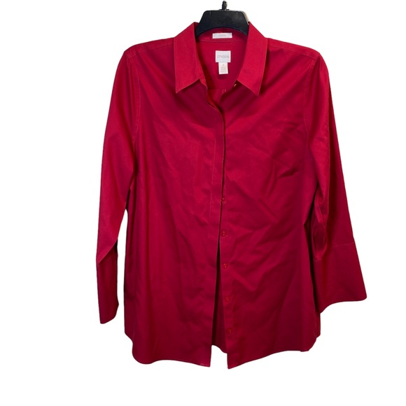 CHICO’S RED NO-IRON SATEEN LONG SLEEVE SHIRT - Picture 12 of 16
